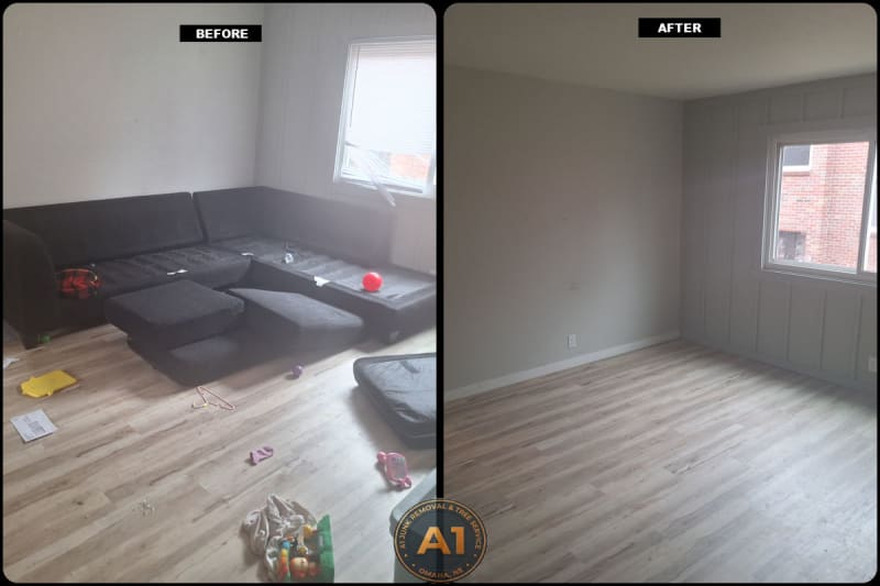 Before and after sectional couch removal showing living room cleared by A1 Junk Removal and Tree Service in Omaha, NE