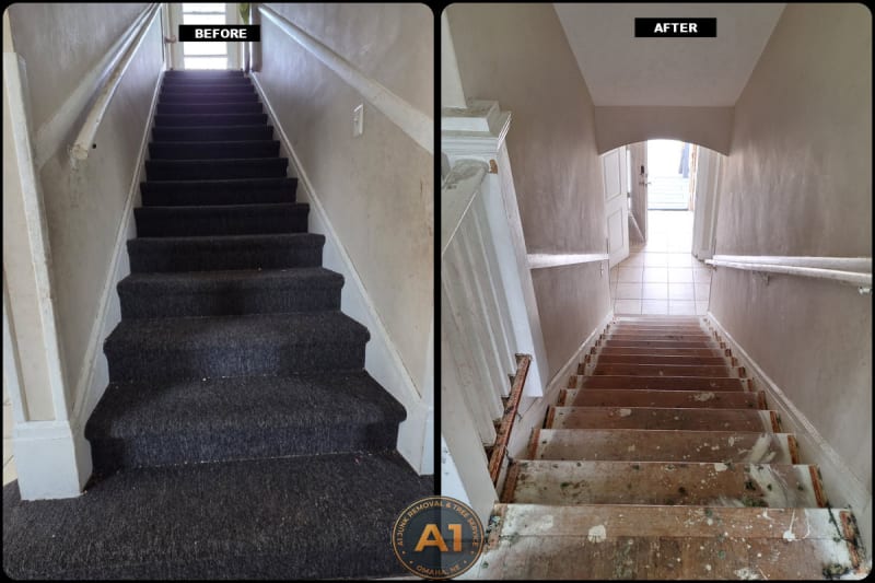Before and after staircase carpet removal showing bare wood treads prepped for new flooring in Millard, NE
