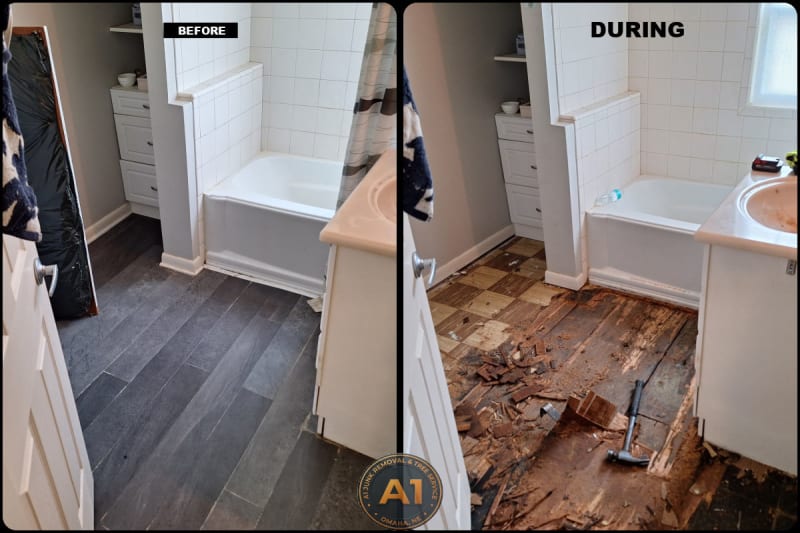 Before and during bathroom floor demolition showing tile removed and subfloor exposed by A1 Junk Removal in Omaha, NE