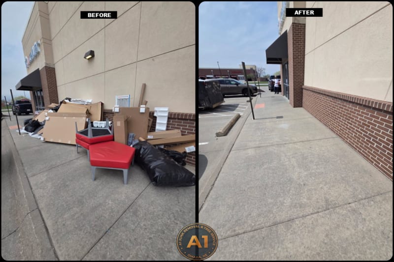 Before and after retail site cleanup with cardboard, furniture, and trash bags hauled away by A1 Junk Removal in Omaha, NE