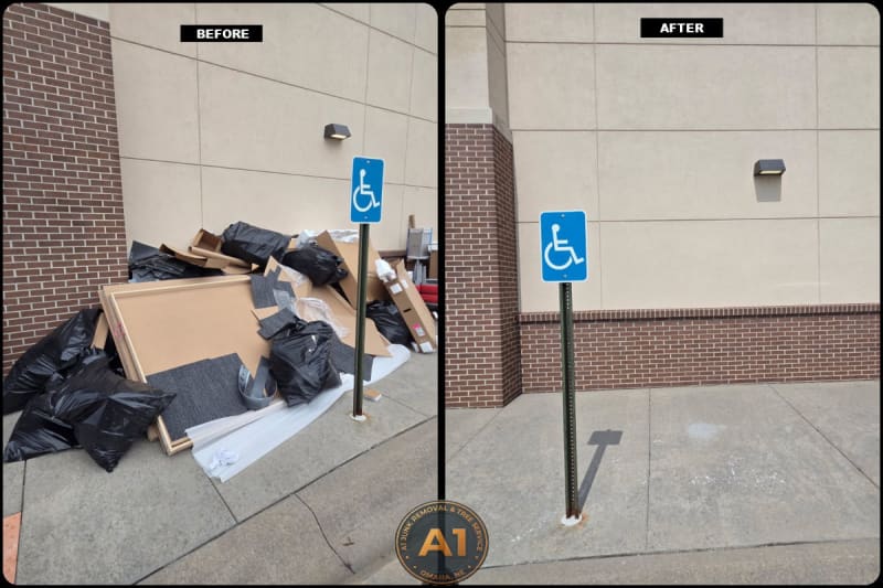 Before and after commercial debris removal outside retail store cleared by A1 Junk Removal in Omaha, NE