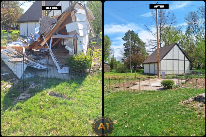 Before and after collapsed shed demolished and debris hauled away leaving clean concrete pad by A1 Junk Removal in Omaha