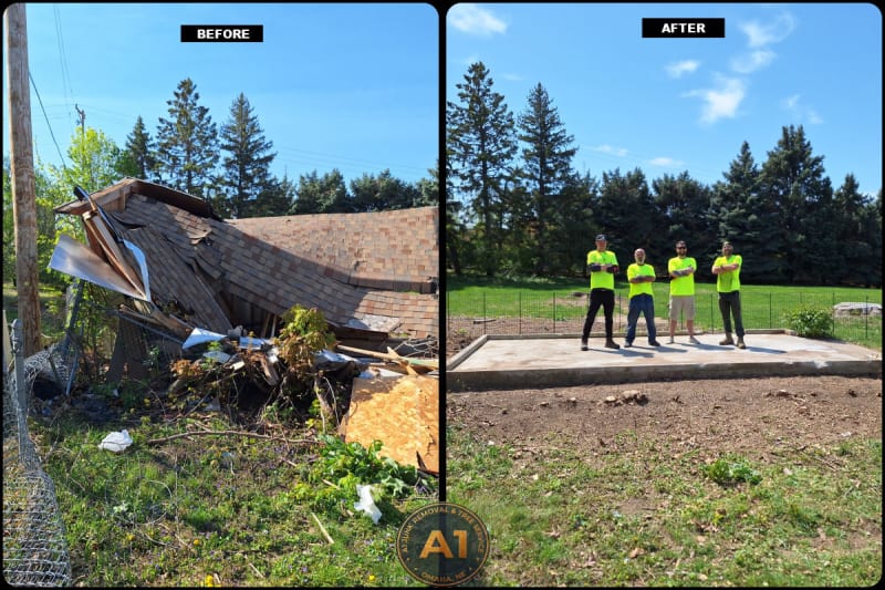 Before and after shed demolition with A1 Junk Removal crew on cleared concrete pad in Omaha