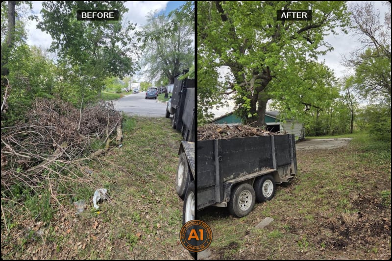 Before and after brush pile removal with branches loaded into trailer by A1 Junk Removal in Omaha