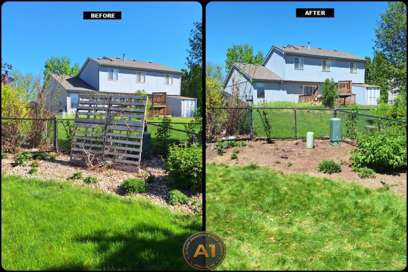 Before and after old trellis and rock pile removed from backyard by A1 Junk Removal in Elkhorn