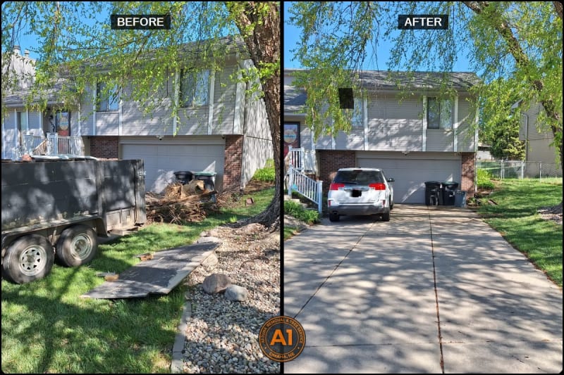 Before and after driveway brush and branch removal with trailer loaded and hauled by A1 Junk Removal in Gretna