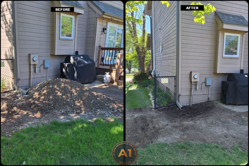 Before and after dirt and gravel pile removed from backyard patio area by A1 Junk Removal in Elkhorn