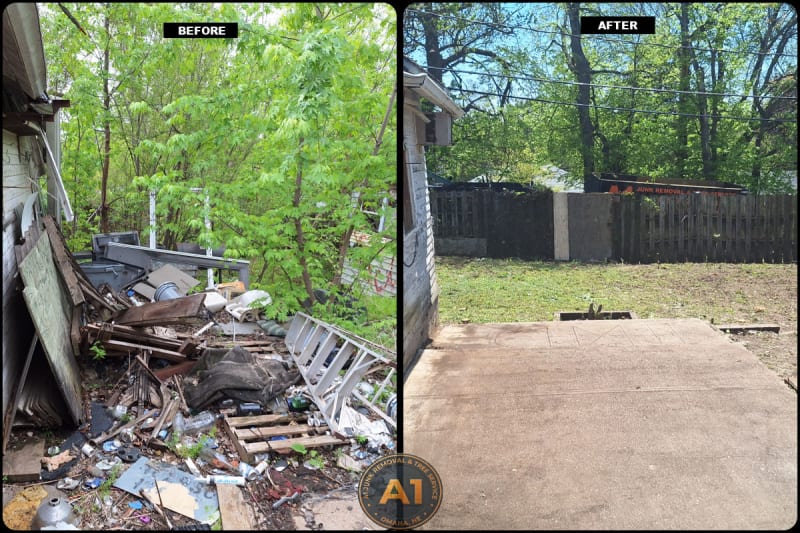 Before and after yard cleanup landscaping in Omaha showing weeds, outdoor junk, and debris cleared by A1 Junk Removal and Tree Service