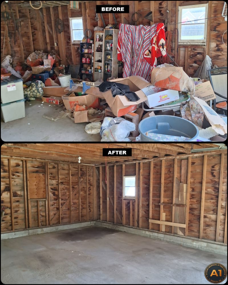 A1 Junk Removal and Tree Service attic cleanout before and after showing cluttered attic cleared in Council Bluffs, Iowa