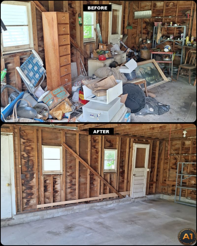A1 Junk Removal and Tree Service attic junk hauling before and after with all debris removed in Council Bluffs, Iowa