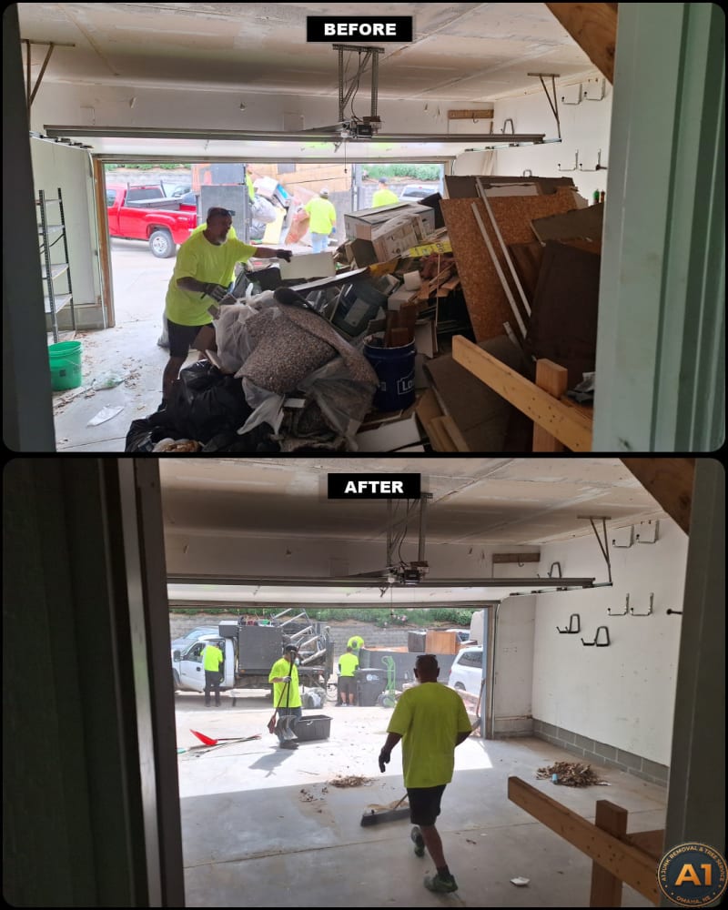 A1 Junk Removal and Tree Service garage demolition and debris hauling before and after in Gretna, Nebraska