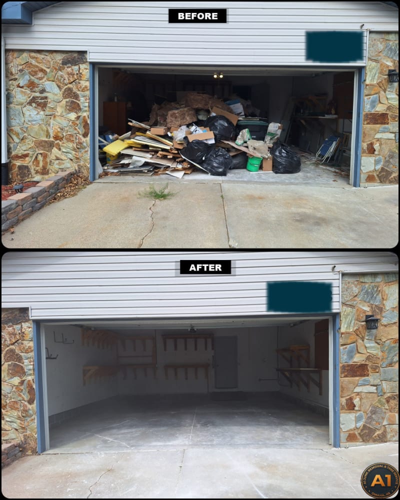 A1 Junk Removal and Tree Service eviction clean out before and after showing garage cleared of junk in Gretna, Nebraska