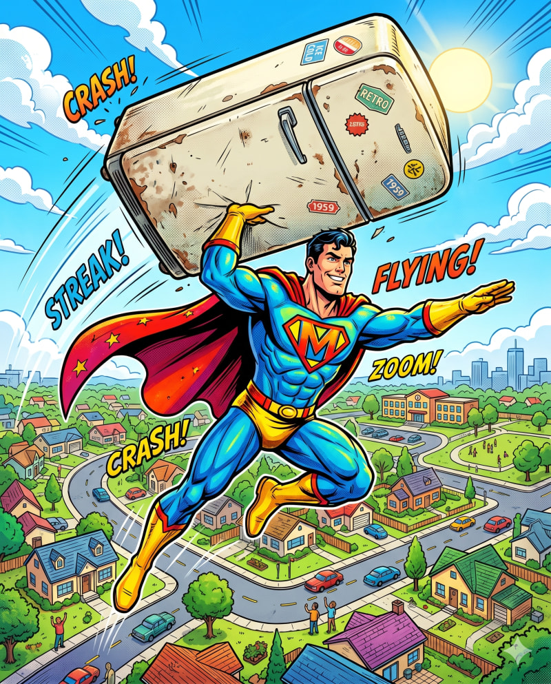 AI-generated illustration of superhero removing a refrigerator for A1 Junk Removal and Tree Service refrigerator hauling in Omaha, Nebraska
