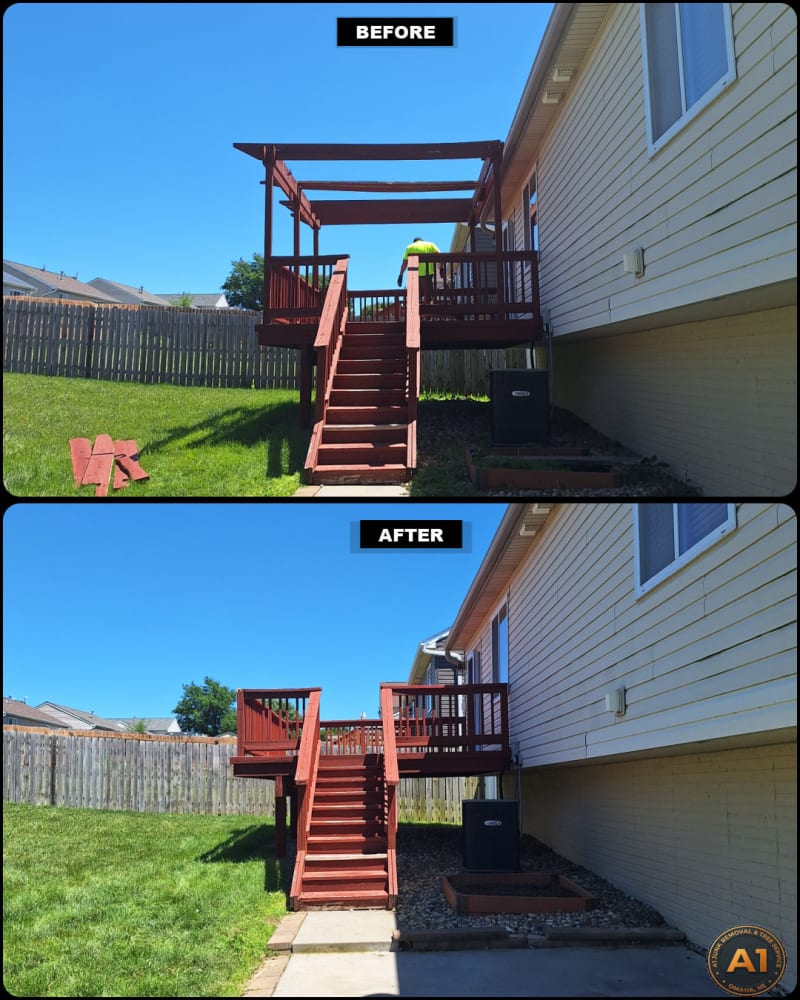 A1 Junk Removal and Tree Service deck demolition and debris hauling before and after in Gretna, Nebraska