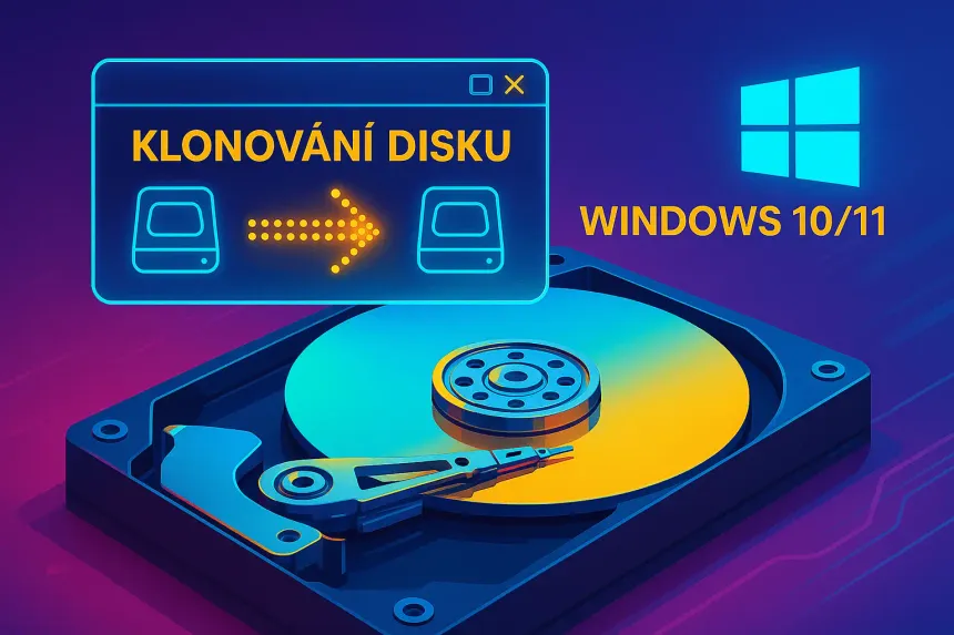 Pevný disk s infografikou o klonování disku