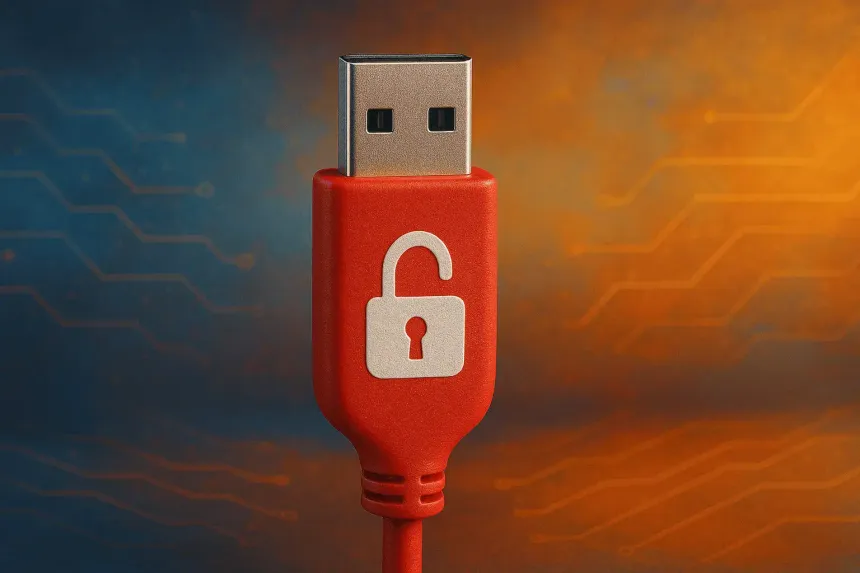 Červený USB konektor s ikonou odemčeného zámku