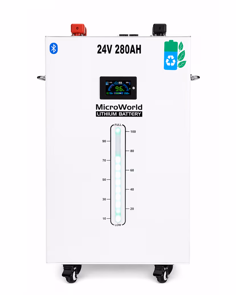 MicroWorld 24V 280Ah 7.1kWh LiFePO4 Lithium Battery with Moving Wheels & Smart BMS