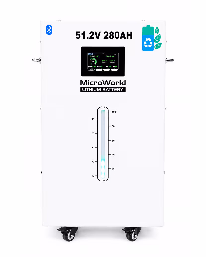 MicroWorld 51.2V 280Ah 14.3kWh Industrial LiFePO4 Lithium Battery with Moving Wheels & Smart BMS