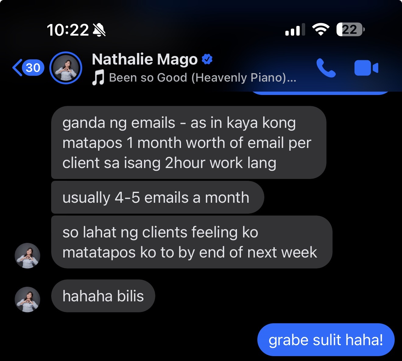 Nathalie Mago Messenger screenshot praising the emails