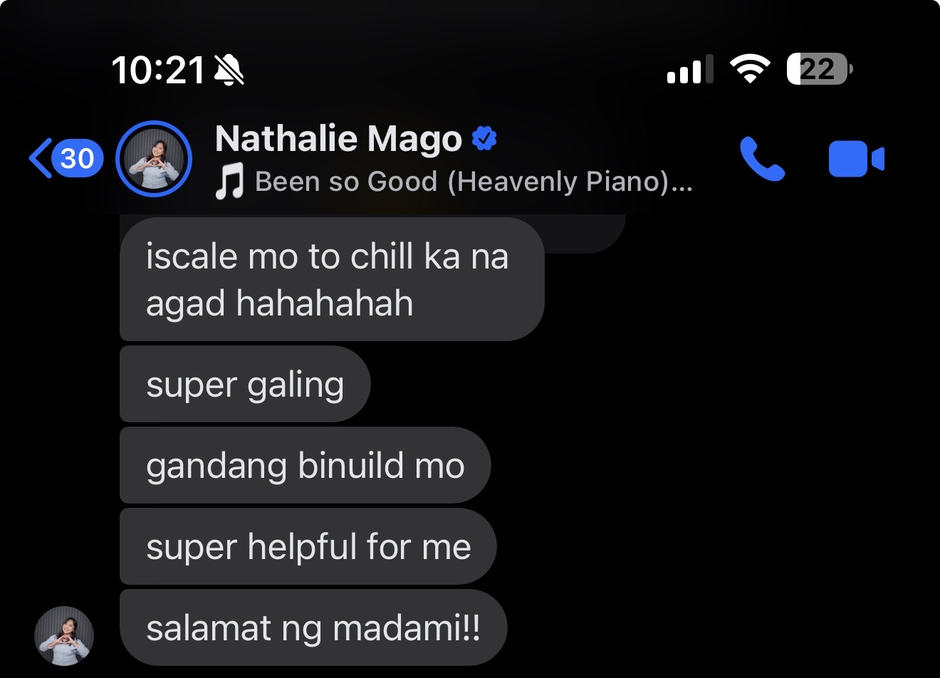 Nathalie Mago Messenger screenshot praising the social posts