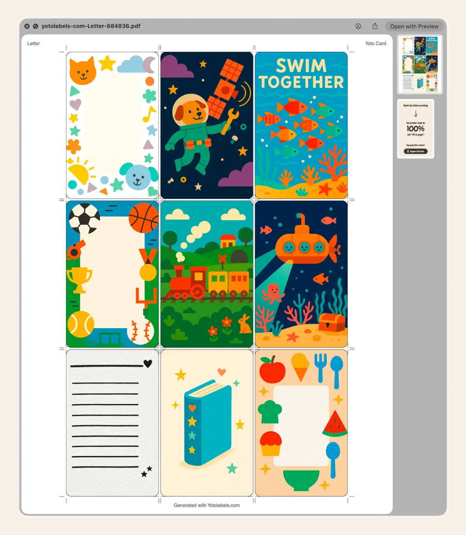 A generated Yoto Labels print sheet with MYO labels laid out for printing