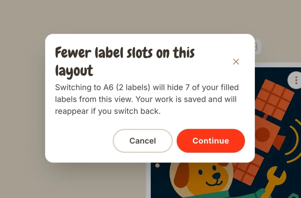 Confirmation dialog when switching to a paper size that fits fewer label slots