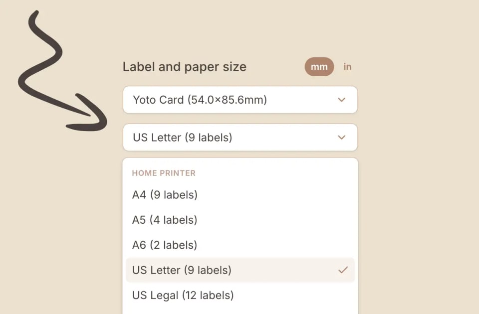 Yoto Labels editor showing a sheet of custom MYO labels ready to print