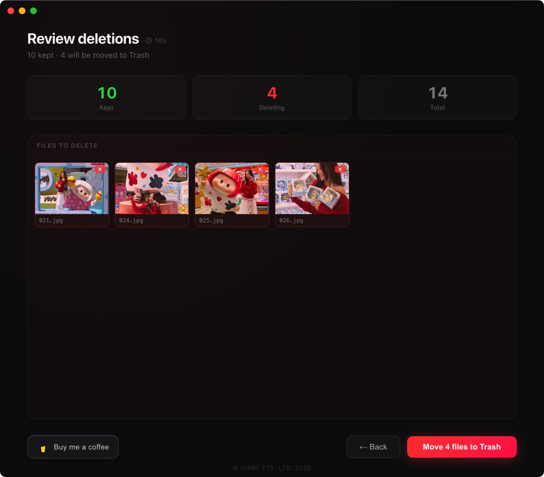 QuickD review page showing selected images before moving files to Trash