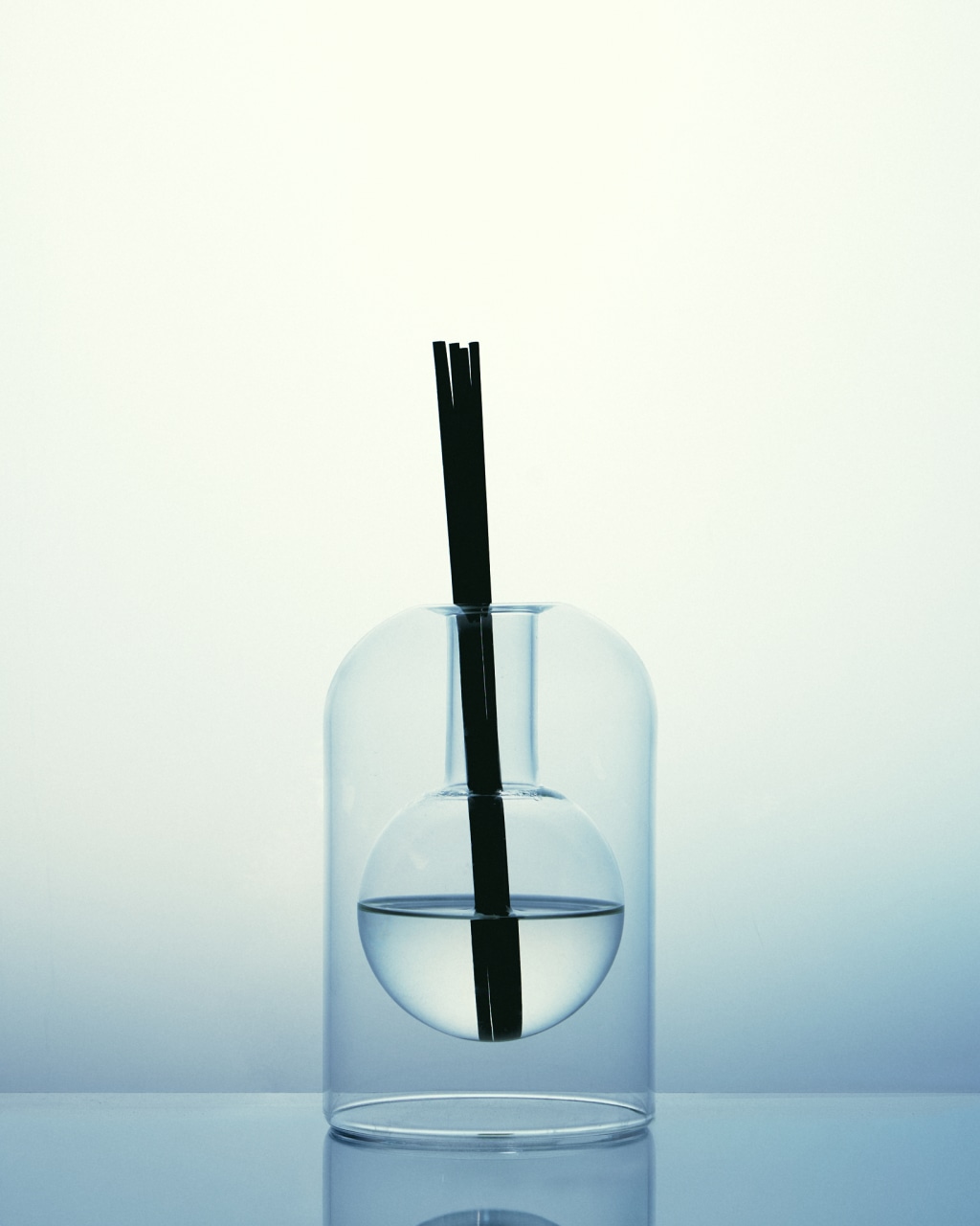 Abstract product still life with a glass vessel, water, and black reeds
