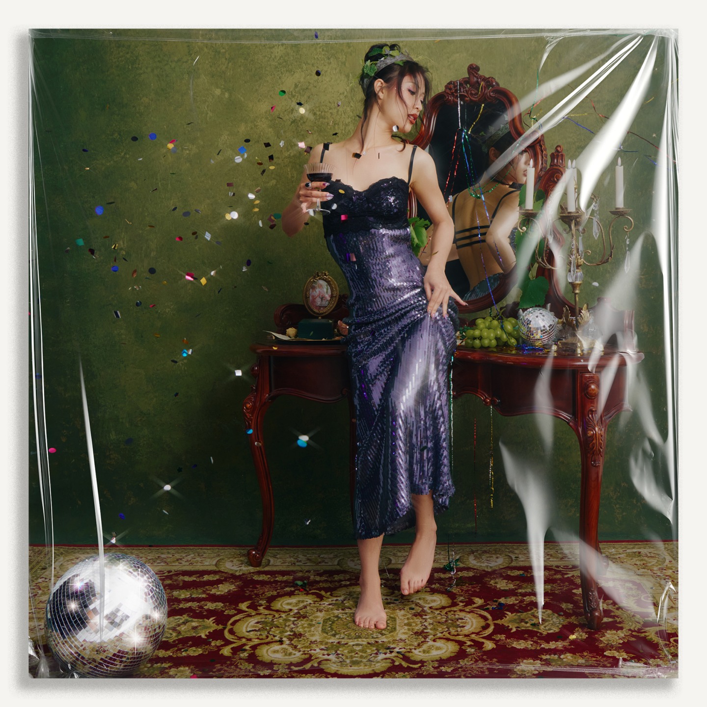 Editorial EP and album cover artwork featuring a woman in a sequined dress, mirror, confetti, and disco ball