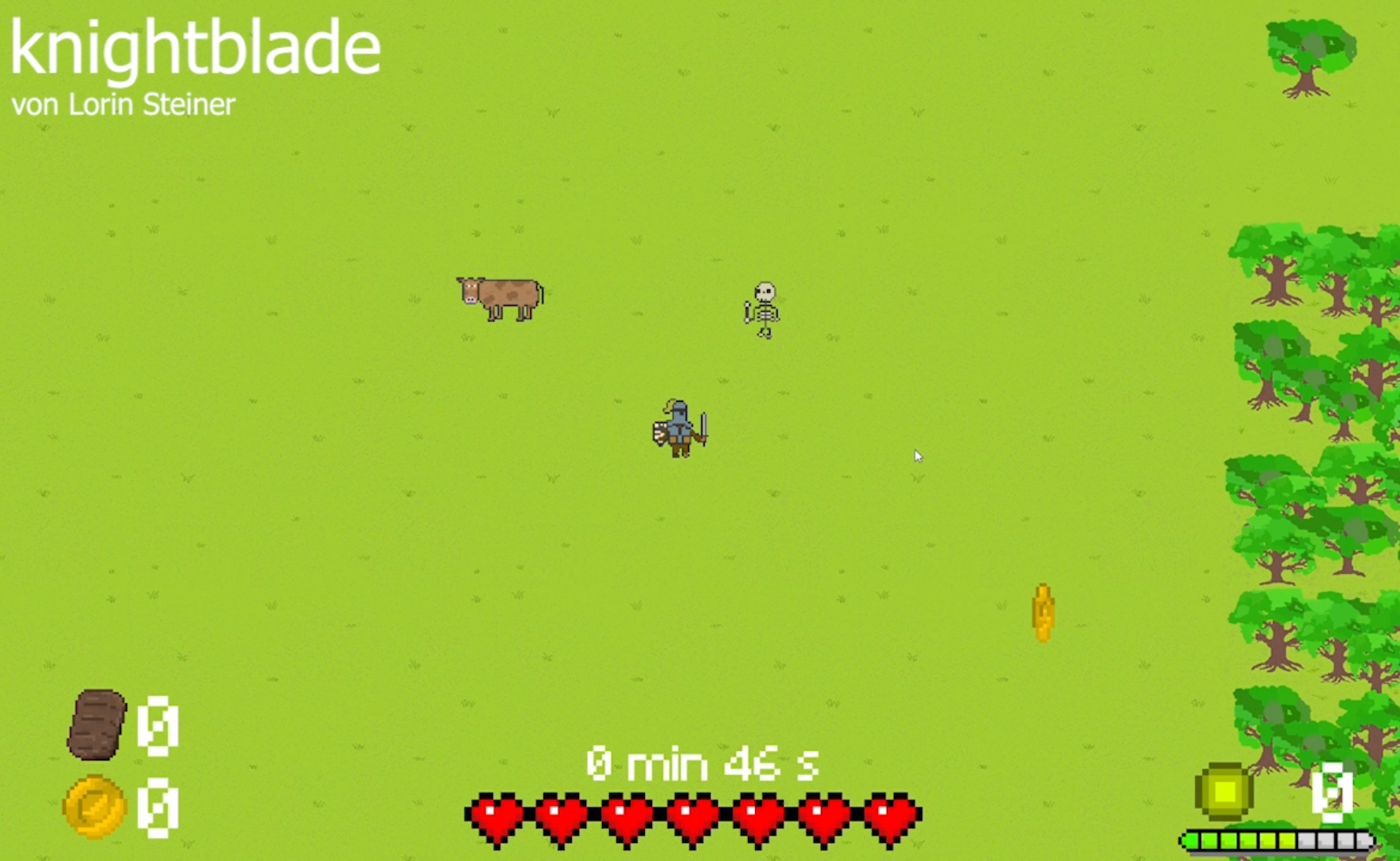 Ein Computerspiel, bei dem der Spieler ein Ritter ist und durch Wiesen und Wälder läuft.
Es erscheinen dabei Skelette, die den Spieler angreifen wollen