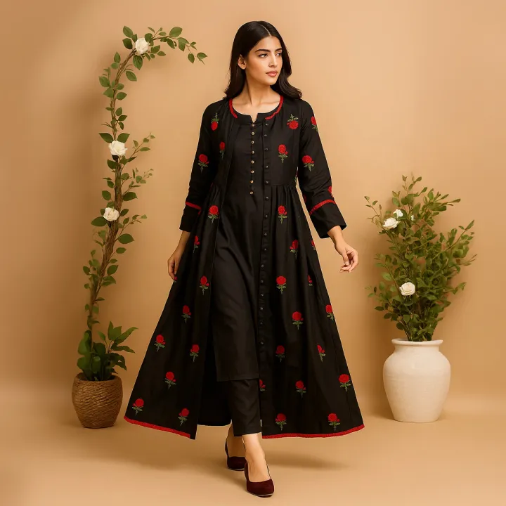 Stylish Silk Embraided Stitched Flower Gown