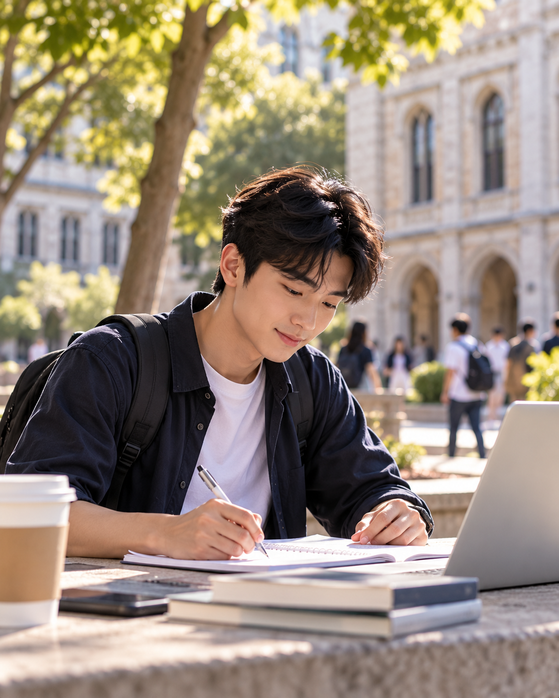 Student studying in a sunlit courtyard