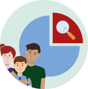 An illustration of a pie chart with a highlighted segment and a family standing beside it.