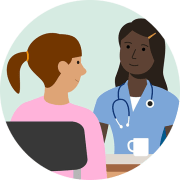 An illustration of a Cancer Research UK support nurse talking with someone and offering support.