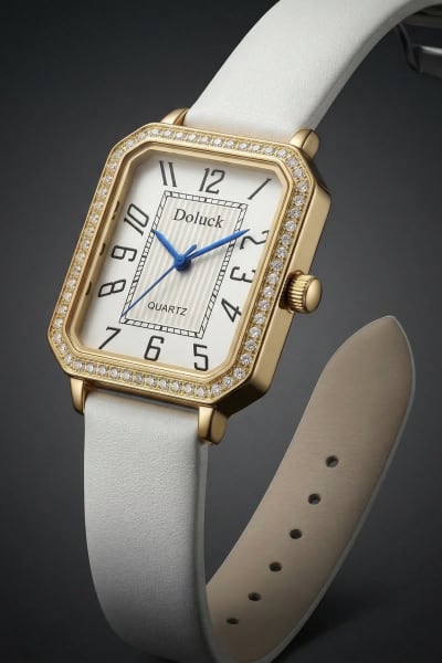 Relógio Feminino Retangular – Quartz Doluck Dourado + Branco