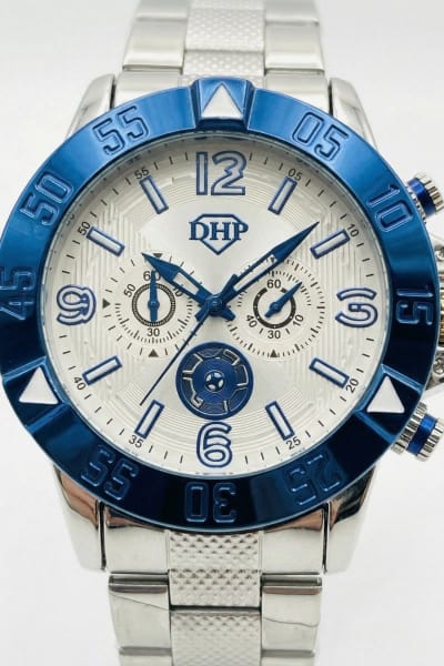 Relógio Masculino Redondo – Quartz DHP Prata + Azul