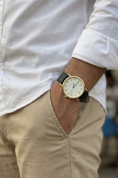 Relógio Masculino Redondo – Quartz Dourado + Preto