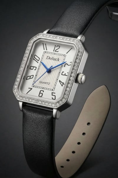Relógio Feminino Retangular – Quartz Doluck Prata + Preto
