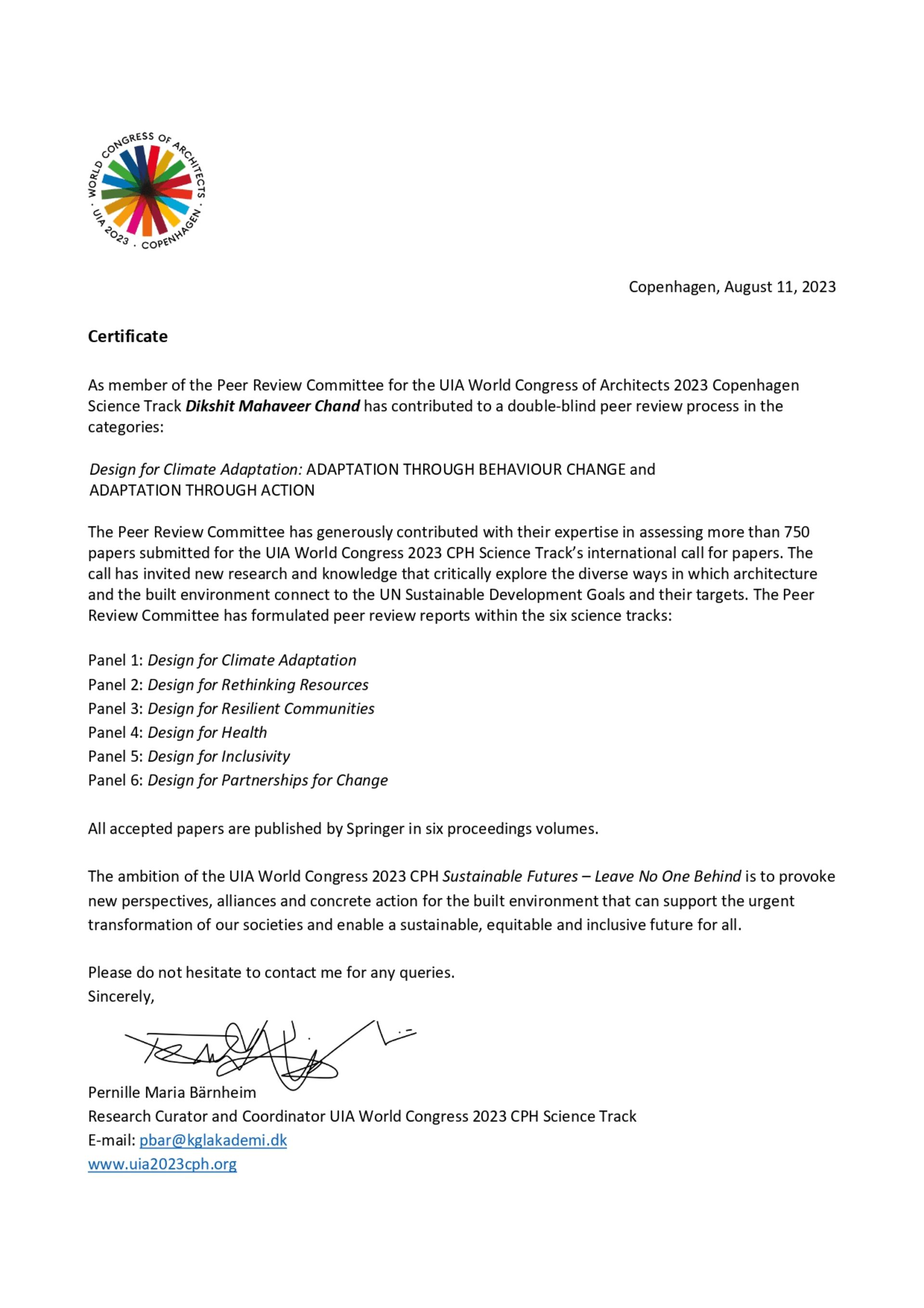 Dikshit Badolla, selected as a Peer reviewer for UIA World Congress of Architects 2023, Copenhagen.