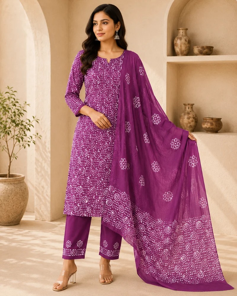 White Purple Frock Suit Cotton Material