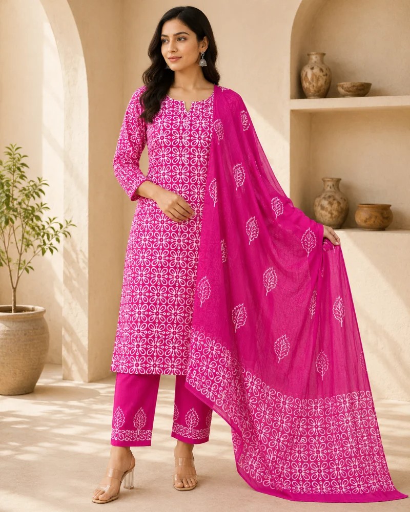 White Pink Printed Cotton Dress Material