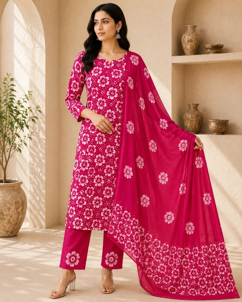 Pink White Floral Cotton Dress Material