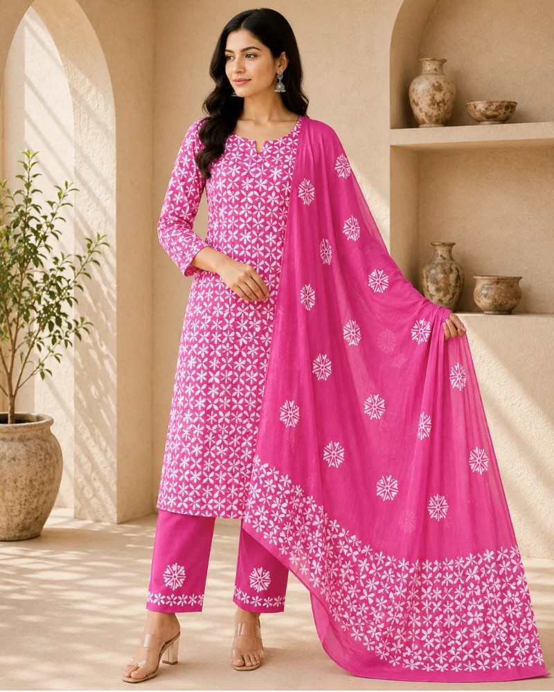 White Baby Pink Party Wear Cotton Fabric