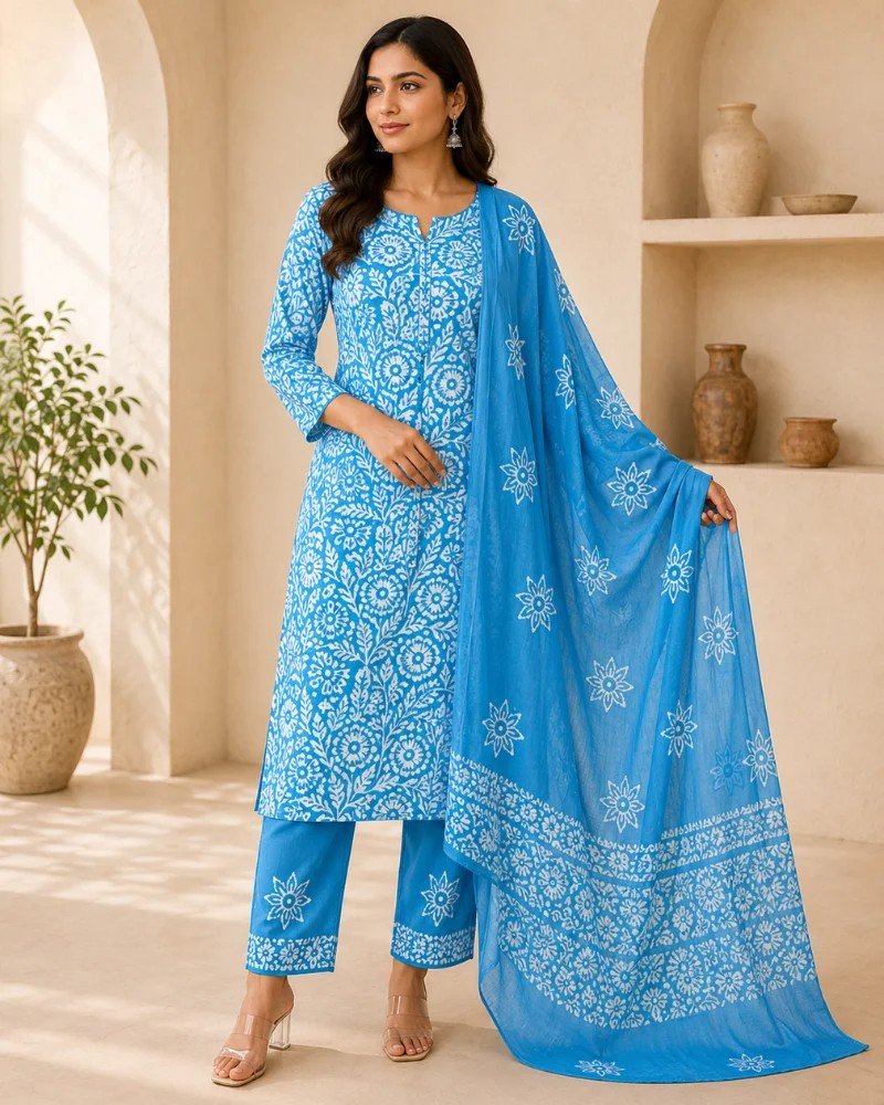 White & Sky Blue Batik Dress For Women