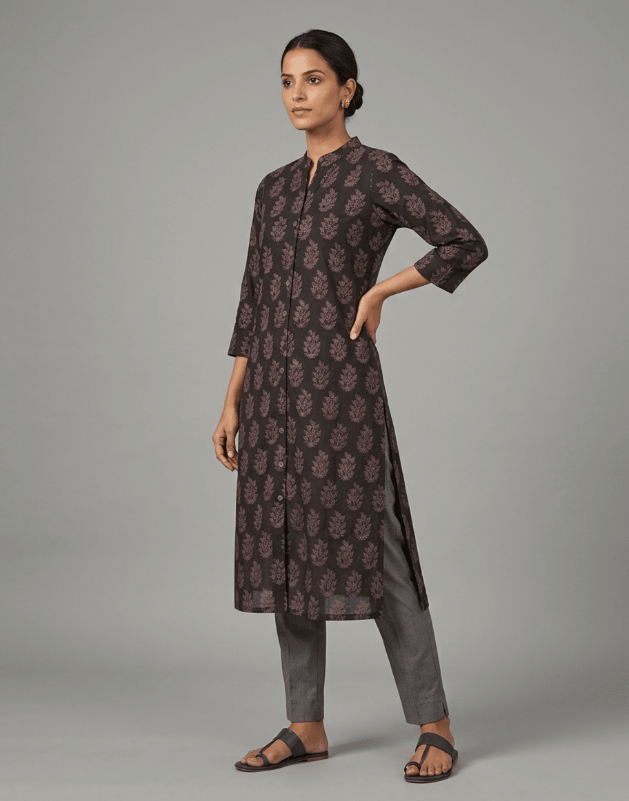 Black Natural Dyed Hand Block Print Cotton Ajrakh Kurti