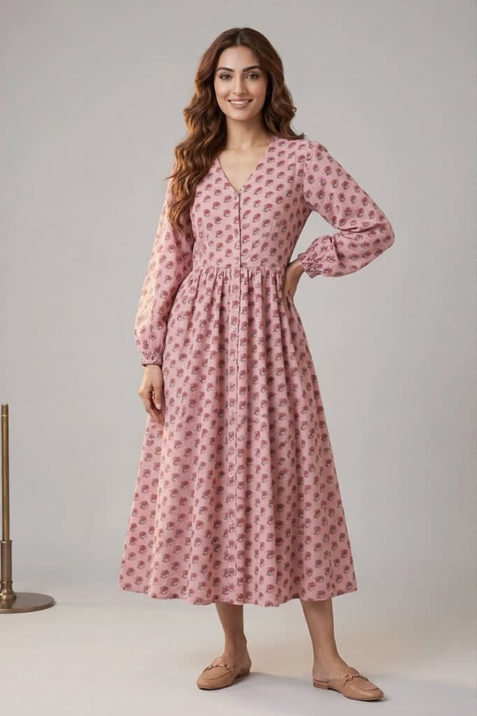 Cotton Block Print Long Dress with Puffed Sleeves