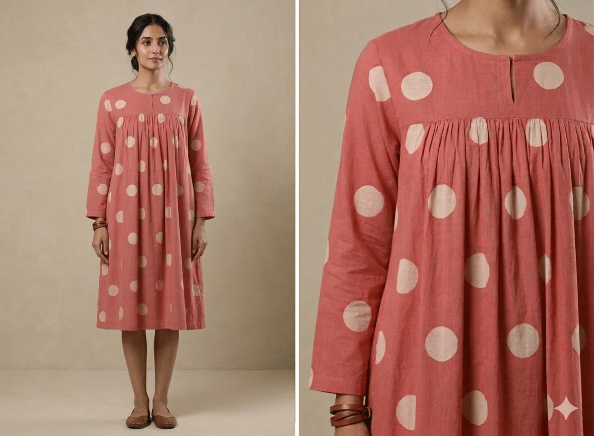 Pure Cotton Polka Dot Gathered A-Line Western Dress