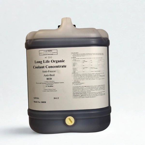 Eiffel Red Coolant Concentrate Label Detail showing 5 Year 250,000km Warranty.