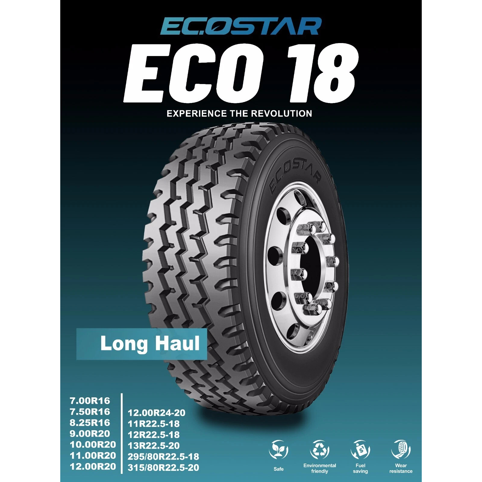 Ecostar ECO18 11R22.5 Side Profile - 18 Ply Rating Heavy Duty Construction.